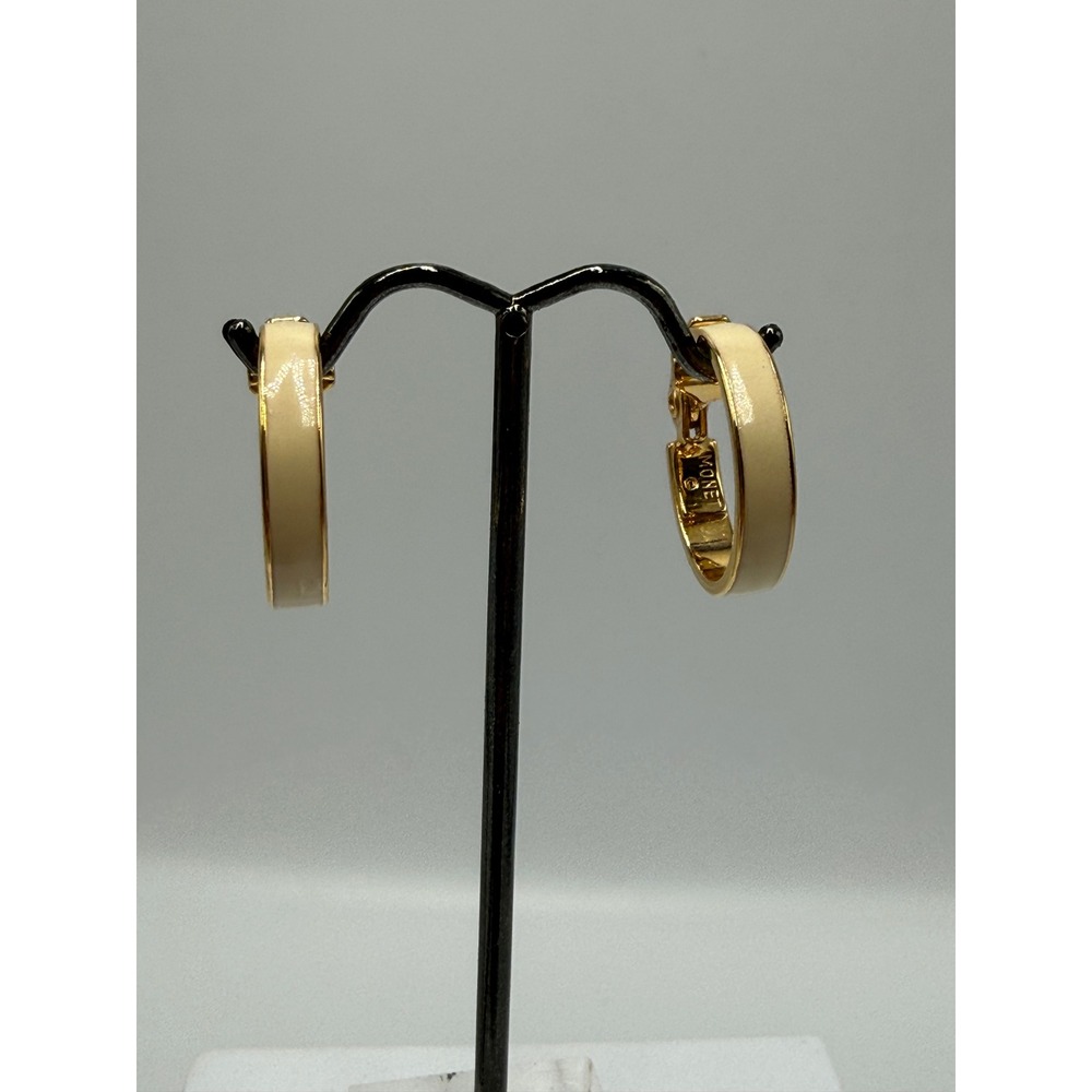 Monet Vintage Gold Tone Cream Enamel Clip On Hoop Earrings 1 Inch